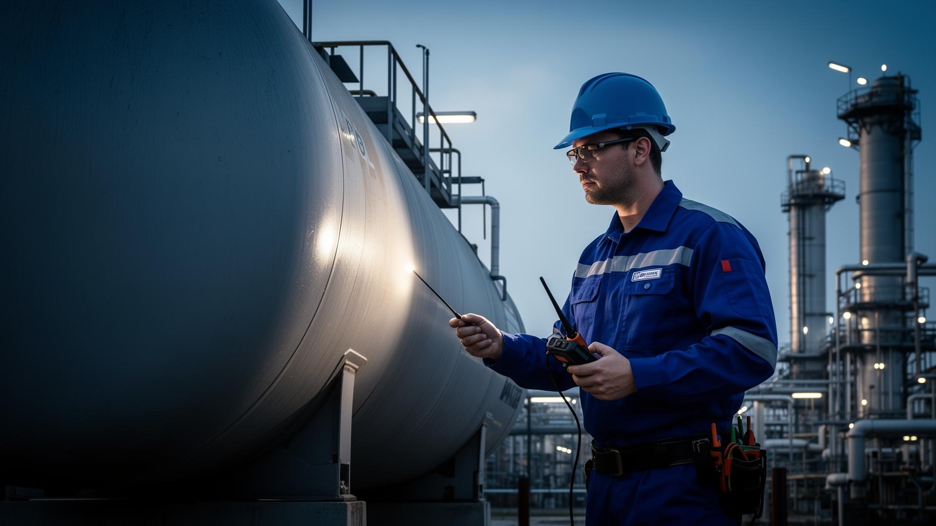 Técnico certificado realizando inspección de tanque GLP
